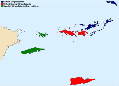 The American Virgin Islands (red), The British Virgin Islands (blue) and Puerto Rico (green) are located on the border of the Caribbean Sea and the Atlantic Ocean.