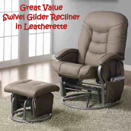 This leatherette-covered swivel glider recliner offers excellent quality and value for money!