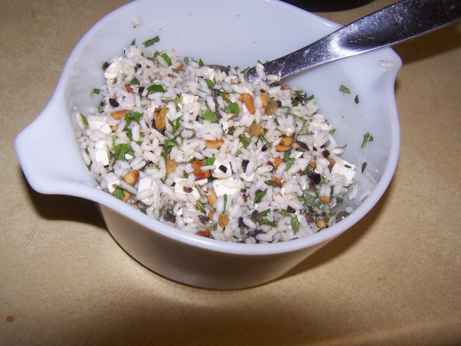 This photo is of the Orzo Vegetarian recipe ready to serve. It is a very refreshing cold side dish. 