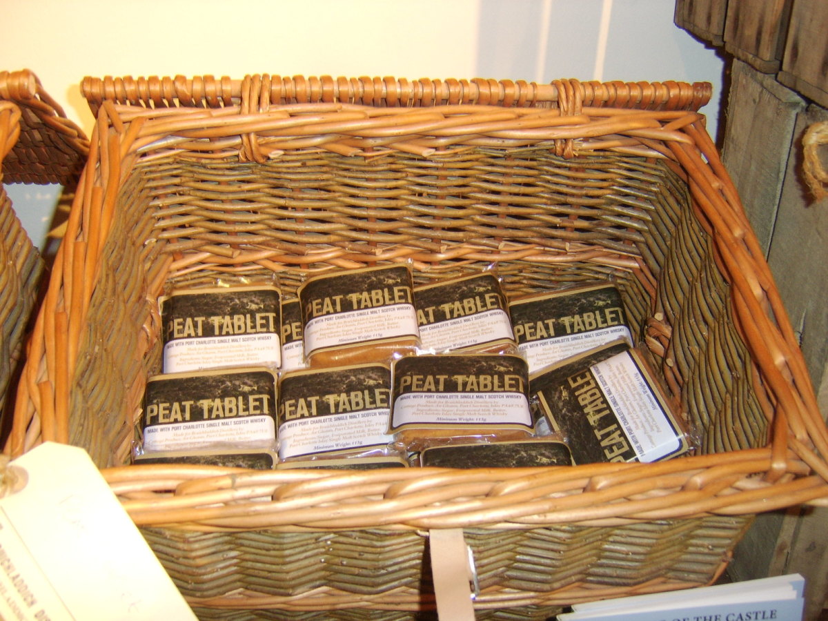 Peat tablet (a sweet confectionery) on sale at Bruichladdich distillery