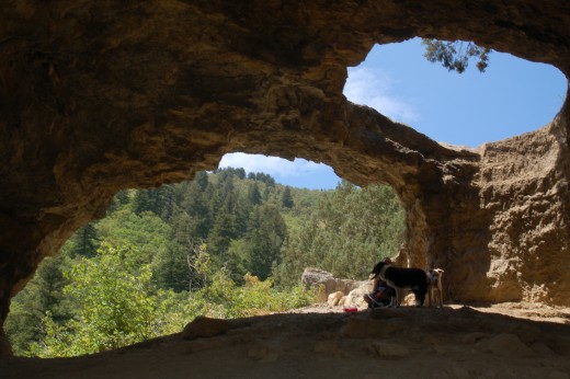 Brenda Snowden and dogs Ranger and Luna in Wind Cave, Uinta- Wasatch-Cache National Forest, Mount Naomi Wilderness
