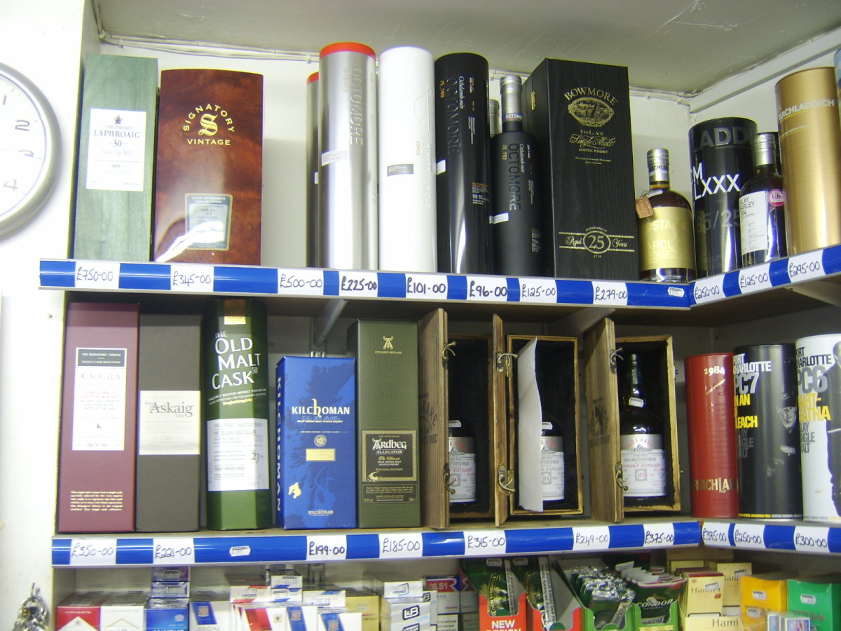 Islay single malt whiskies for sale in the Spar shop on Shore Street, Bowmore