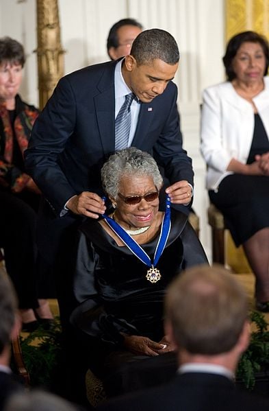 Angelou receiving the Congressional Medal of Honor from President Obama in 2011.