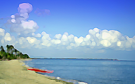 red boat on the beach after using filter  paint daubs