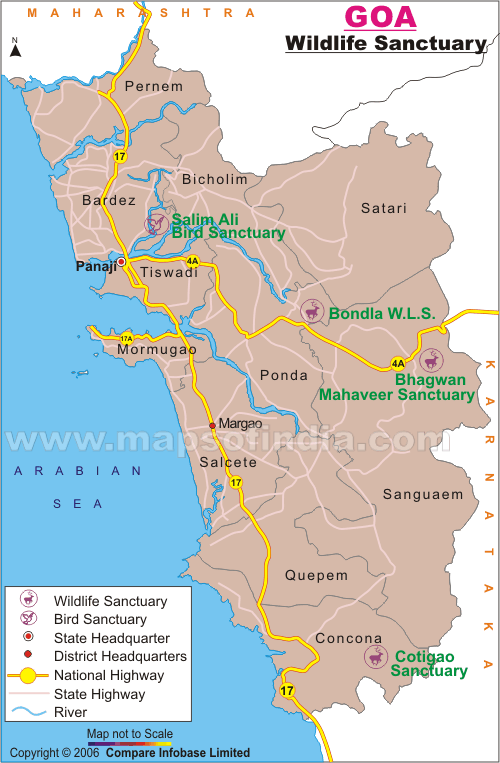 Road map of Wildlife Sanctuaries at Goa