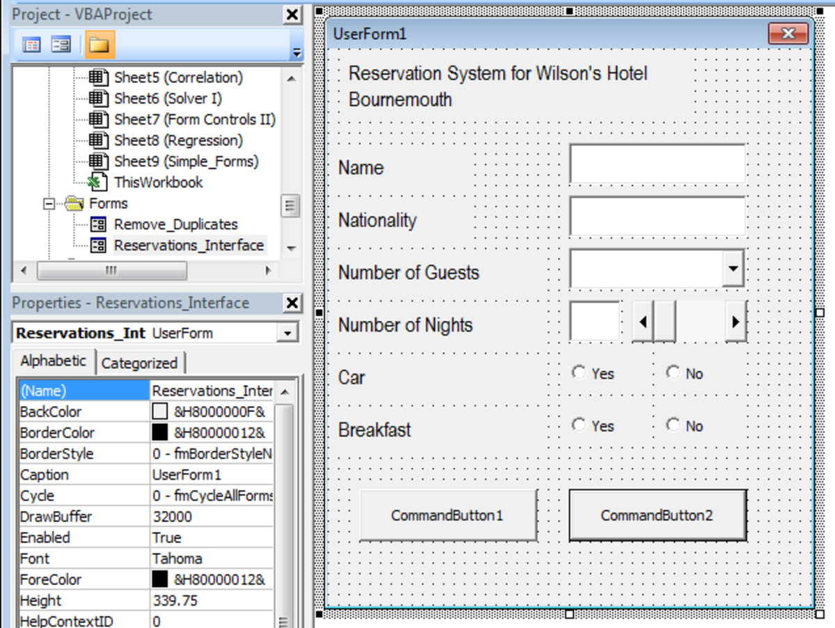 UserForm with Controls added as well as Text Boxes in Excel 2007 or Excel 2010.