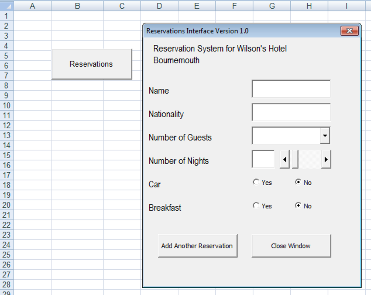 Example of a Hotel Reservation User Interface created with Visual Basic and a UserForm in Excel 2007 or Excel 2010.