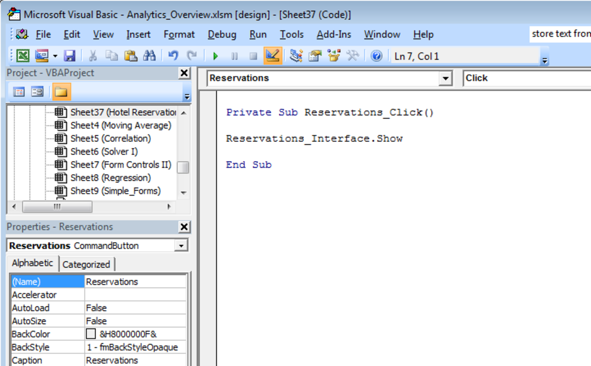 Visual Basic script used to configure a Command button to launch a UserForm in Excel 2007 or Excel 2010.