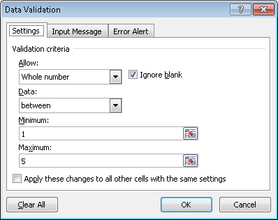 Configuring the validation criteria for data validation in Excel 2007 and Excel 2010.