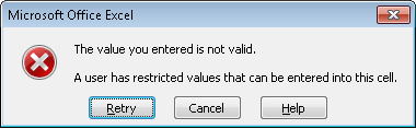 Default error received when a user types in data outside of the data validation criteria in Excel 2007 and Excel 2010.