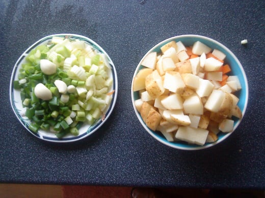 Ready for cooking - celery, onions and garlic plus potatoes and carrots.