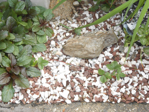 A mix of white marble chips and red gravel with decorative stone.
