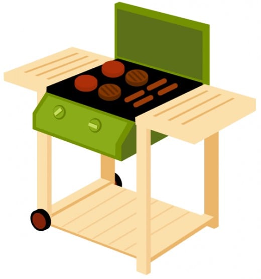 Free food clip art: Green BBQ grill with hamburgers and hot dogs