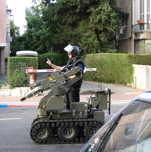 A robot sent to explode an abandoned (suspicious) object.  A picture from “mominisrael.blogspot.com”