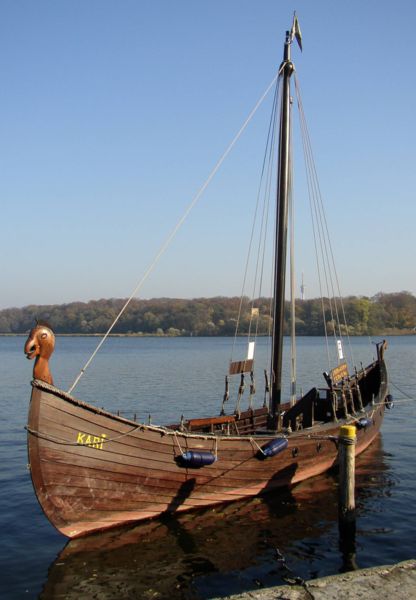 This is what a real Viking Longship  would have looked like. It would have carried a boat load of  warriors into battle.