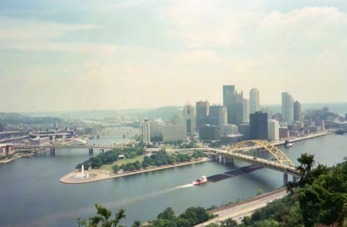 The Pittsburgh skyline, taken from the trolley going up the Dusquesne Incline.