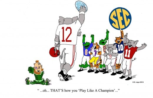 Cartoon depicting the blowout championship victory of the Crimson Tide against the Notre Dame Fighting Irish in 2013.