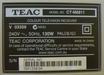 A power tag at the back of a TV. 130W for a period of 3 hours per day will make up for a 0.39 KWh of electrical consumption per day.