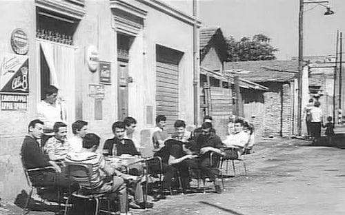 The bar of the Ragazzi in the Pasolini's film "Accattone" (1961), taken from his novels about the proletarian boys of the Rome periphery. 