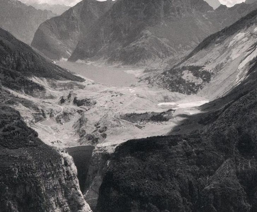 The Vajont Valley flooded by the water after the disaster of 9 October 1963. 