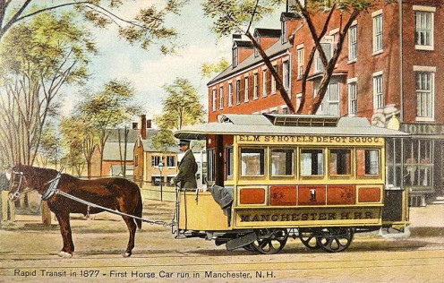 Street cars were first pulled by horses or mules, as in hits New Hampshire example.
