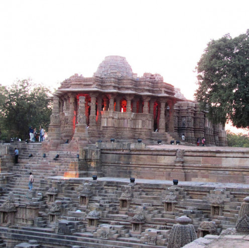 A view of the main temple complex with the Sabha mandap in the foreground.