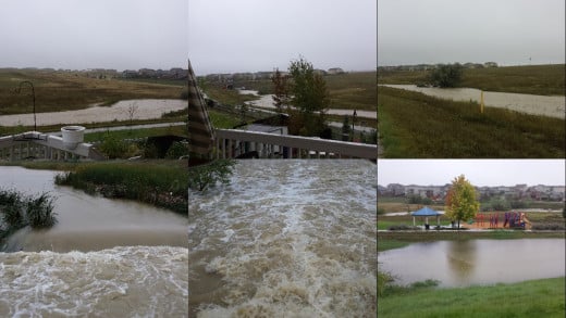 Collage of six pictures from this mornings flood.