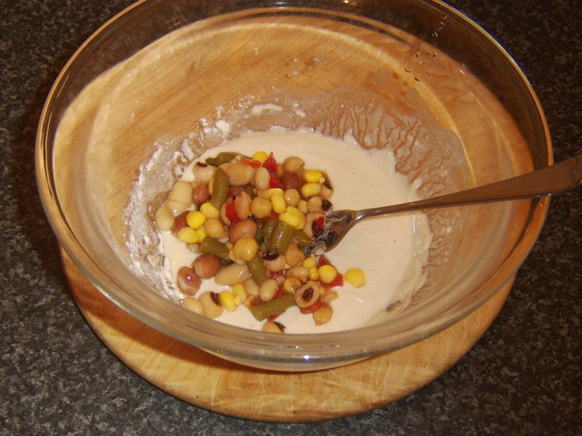 Bean salad is added to flour and water batter