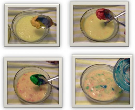 Adding colored mayonnaise to the eggs.