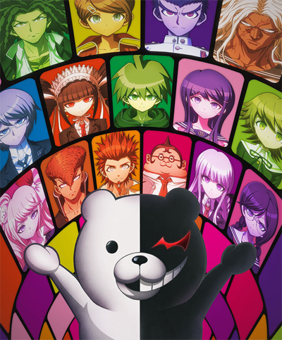 The fifteen imprisoned teens, and the villain, Monokuma the bear