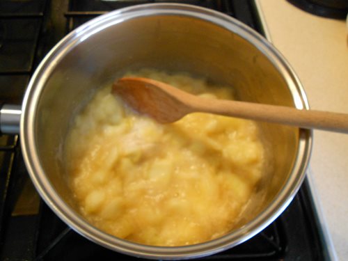 Simmer gently, stirring occasionally with a wooden spoon until the apple starts to get pulpy