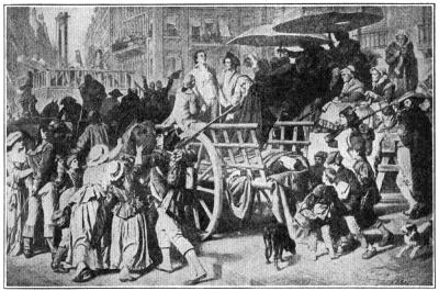 "Enemies of the people" (wealthy nobles who did not flee the country during the French Revolution) headed for the guillotine during The Reign of Terror.