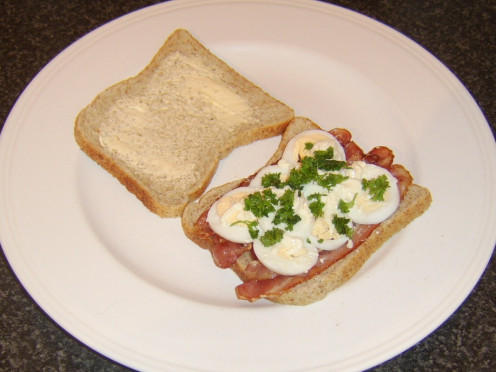 Bacon, sliced hard boiled egg and parsley form an excellent if basic sandwich