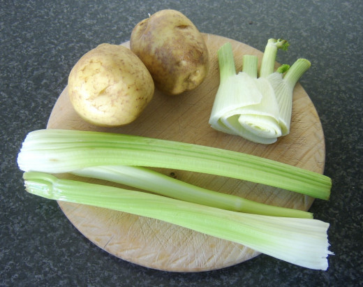Potatoes, half fennel bulb and celery sticks for soup