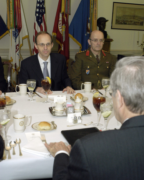 Secretary of Defense Donald H. Rumsfeld (foreground) meets with Luxembourg's Minister of Defense Luc Frieden (left) and the Chief of Staff of the Luxembourg Army Col. Nico Ries in the Pentagon on Jan. 31, 2005