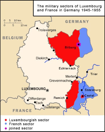 Map showing the military sectors of Luxembourg and France in Germany after WWII between 1945 and 1955. 