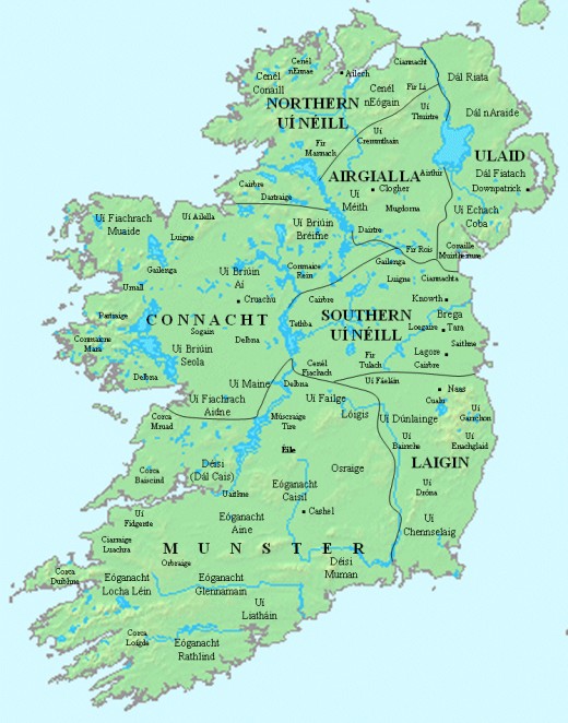 The early kingdoms of Ireland. Connacht is on the upper left,snaking around the western edge of neighbouring Ulster in the north-east