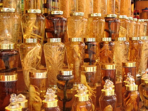 Ginseng root in bottles