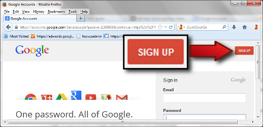 Use the red "SIGN UP" button to create a Google Account.