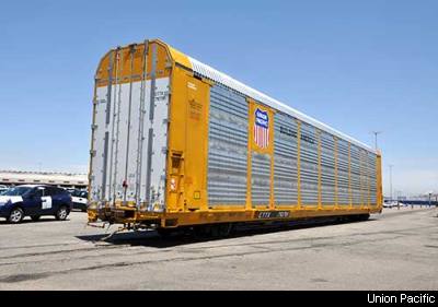 Union Pacific Auto carrier that is capible of holding up to 18 cars, depending on size and shape