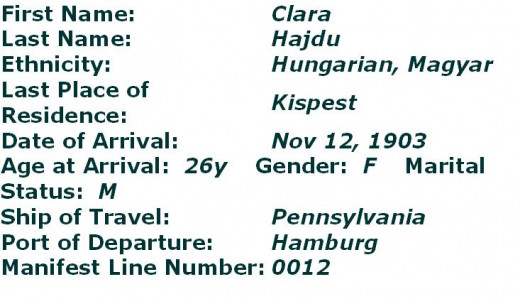 Clara Hajdu Arrival Record at Ellis Island, New York