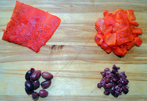 left to right, top to bottom: broiled peppers diced & ready to go; kalamata olives sliced & ready to go