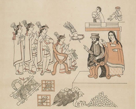 Aztec artwork depicting Cortés' meeting with King Monteczuma, with La Malinche acting as the conquistador's translator