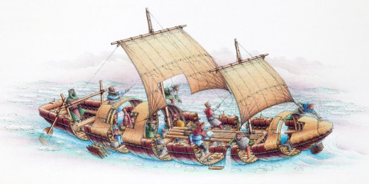 For a long sea crossing, Ruadh's ships would have resembled this artist's cross-sectioned impression of a large coracle or timber constructed boat with two sails