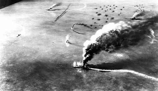 This diorama shows the damage to the naval base at Midway after the first wave of Japanese planes attacked.