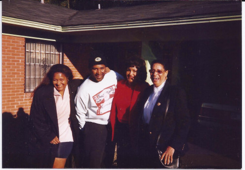 Months after our trip, my mother (then on medication for dementia) took this photo of me (left), my brother Lee, my sister Beverly, and our first cousin, Yvonne, who was visiting from Chicago. Mama wasn't sure she could take the pic, but she did it!
