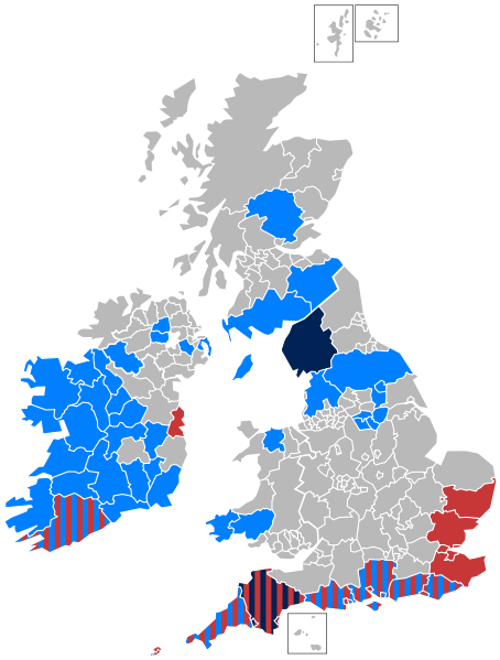 A map of Great Britain and Ireland. This actually shows the flooding in 2009 so the colours can be ignored.