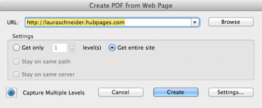 Figure 3: Create PDF from Web Page window--Get Entire Site selected