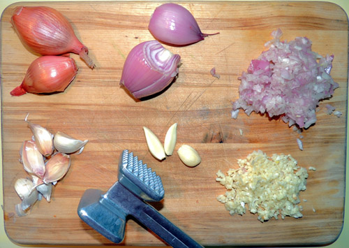 left to right, top to bottom, shallot & garlic prep
