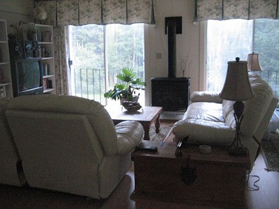 Great room showing couch placement, w/ end tables, 36" lamps and "chatskies". Shelves flanked the TV, creating the illusion of an entertainment center. Laminate (wood) floor installed in this room.